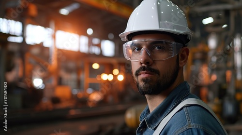 Portrait Professional mechanical engineering hispanic male in white safety hard hat helmet and look at camera at metal factory. © WS Studio 1985