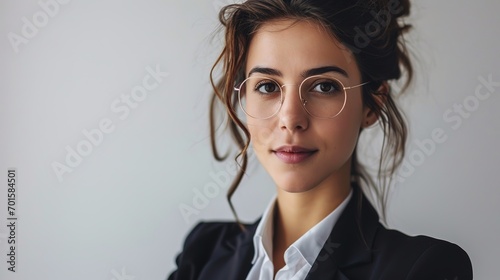 Pretty businesswoman looking at camera on white background