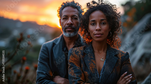 Happy multiracial business couple poses with arms crossed.