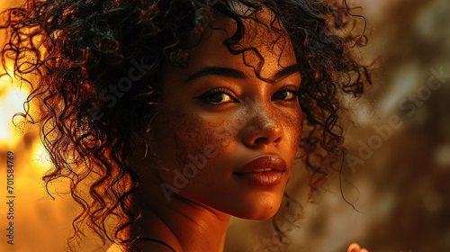 Beautiful young African American woman with curly hair poses cheerfully on brown background.