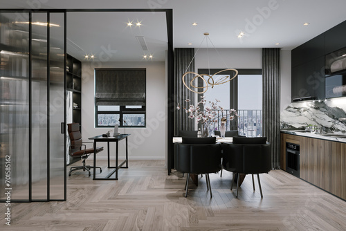 Modern white and beige large luxurious kitchen and black dining table in studio apartment photo
