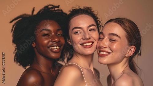 Skincare, cream and women diversity portrait happy in studio with dermatology, cosmetics and beauty