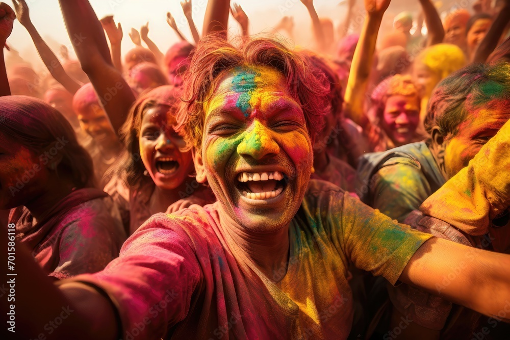 Exhilarated crowd with a man in the center enjoying Holi colors Exhilarated crowd with a man in the center enjoying Holi colors