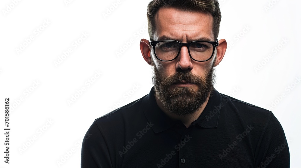 Serious looking bearded man, wearing black polo shirt Serious looking bearded man, wearing black polo shirt