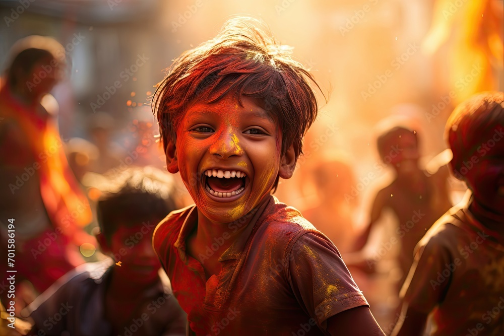 Child's infectious laughter amidst the Holi festival celebrations Child's infectious laughter amidst the Holi festival celebrations