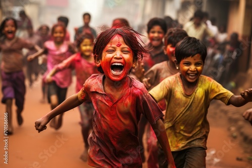 Ecstatic children running during the colorful Holi festivities