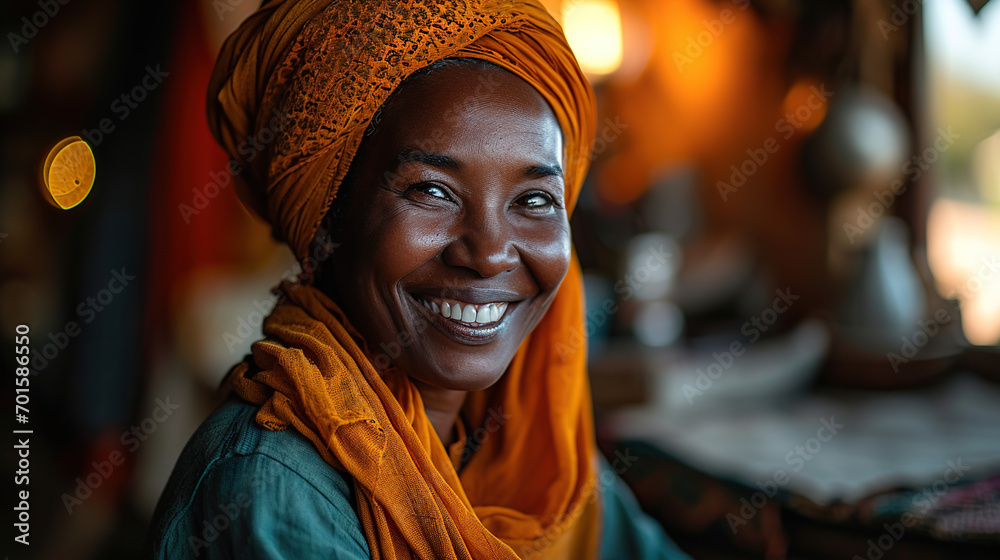Smiling middle-aged African American woman in orange headdress Beautiful black woman in casual clothes and the traditional turban at the Laughing House