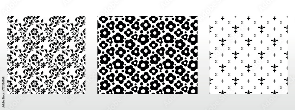 Geometric floral set of seamless patterns. White and black vector backgrounds. Damask graphic ornaments.