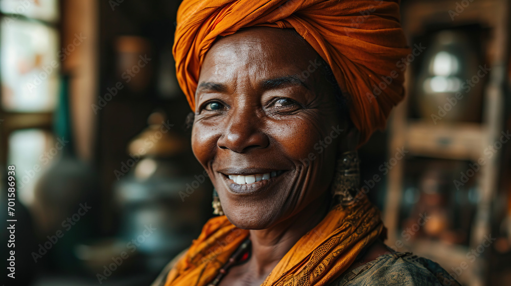 Smiling middle-aged African American woman in orange headdress Beautiful black woman in casual clothes and the traditional turban at the Laughing House