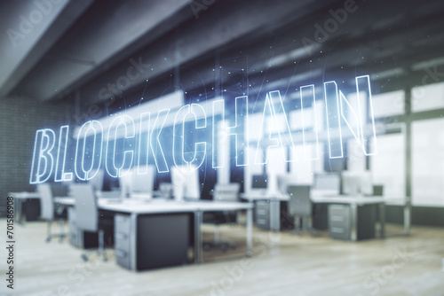 Abstract virtual blockchain technology sketch on a modern furnished office interior background, future technology and blockchain concept. Double exposure
