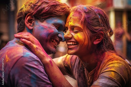 A couple laughs heartily, their faces smeared with bright Holi colors © AdriFerrer