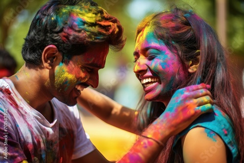 Joyful couple with faces painted celebrating Holi festival