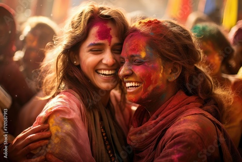Happy moment between two women with colorful Holi powder on their faces