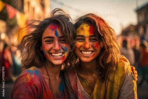 Two women with colorful faces smiling during Holi festival