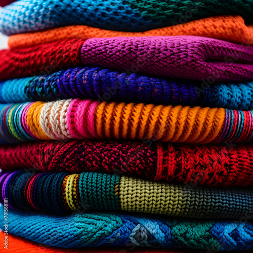 Stack of vibrant knitted fabrics 