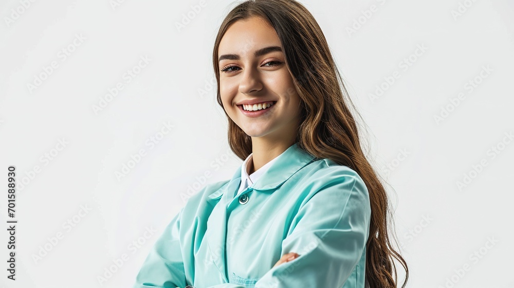 Young female dentist wearing in uniform isolated on white Young female dentist wearing in uniform isolated on white