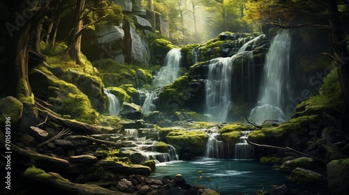 Waterfall in a scenic forest with rocks and green moss