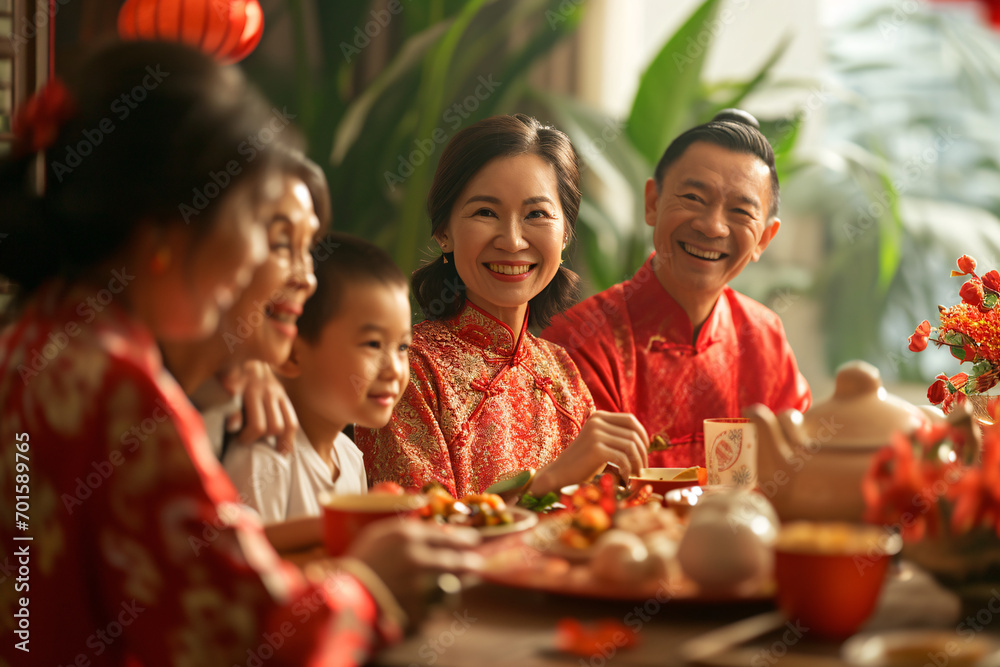 Chinese new year eve multigenerational family dinner party, family gathering celebrate Chinese new year. - obrazy, fototapety, plakaty 