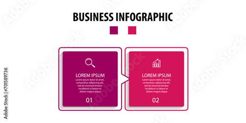 business infographic design 2 parts or steps, there are icons, text and numbers, colorful square design with interconnected color lines, for diagrams, banners and your business workflow