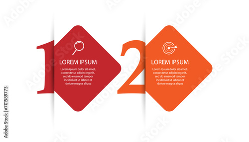 business infographic design 2 parts or steps, there are icons, text and numbers, colorful square design with interconnected color lines, for diagrams, banners and your business workflow