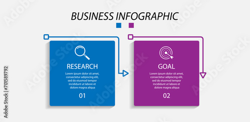 business infographic design 2 parts or steps, there are icons, text and numbers, colorful square design with interconnected color lines, for diagrams, banners and your business workflow