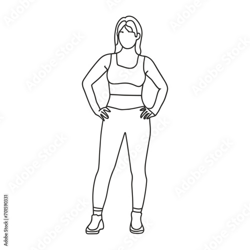 Continuous line drawings of a young woman s stand fashion pose . Single line draw design vector graphic