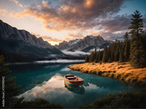 Tranquil Boat Scene: Sunset Over Snowy Peaks and Pine Mountain Lake