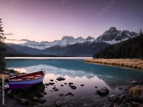 Serene Sunset: Snow-Capped Mountains and Pine Trees by the Lake