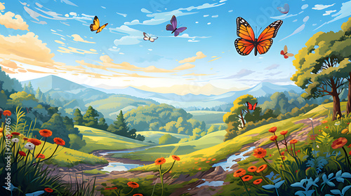 Butterflies are flying freely through the wide park. Generative AI. 