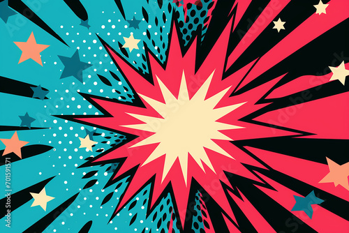 Sunburst and explosion with abstract color halftone. Background in pop art style for comic. Generative AI