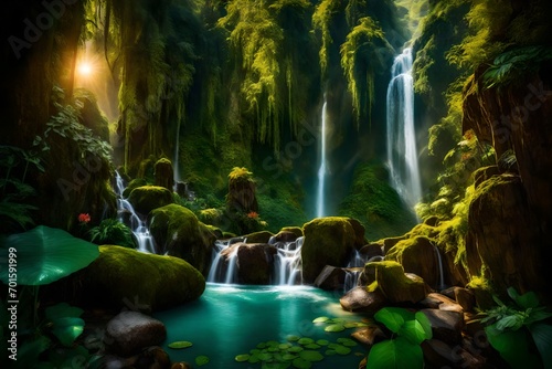 Photographie cascading waterfall in a lush green canyon, surrounded by vibrant flowers and ex
