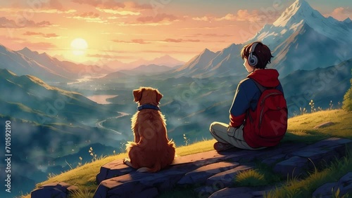 A boy sitting to enjoy the sunset at the top of a mountain with his dog, Alone boy with dog, lofi loop animation, looping video. photo