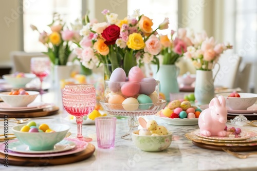 An elegant Easter table display with pastel eggs and fresh flowers