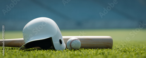 Foto Background with baseball equipment and ball on stadium field, 3d rendering