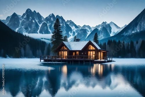 serene lakeside cabin surrounded by towering snow-capped mountains, with the tranquil water reflecting the majestic peaks and the clear winter sky © MuhammadQaiser