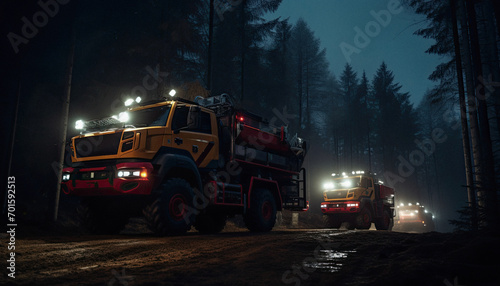 Autonomous Firefighting Vehicles  Driverless vehicles navigating rugged terrain to reach remote wildfire areas  using advanced AI to strategize and extinguish fires.
