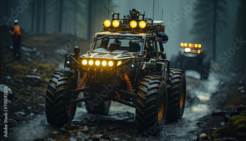 Autonomous Firefighting Vehicles: Driverless vehicles navigating rugged terrain to reach remote wildfire areas, using advanced AI to strategize and extinguish fires.