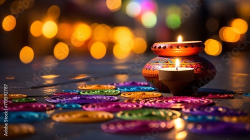 Light diya lamp on street at night. Diwali Background with rangoli