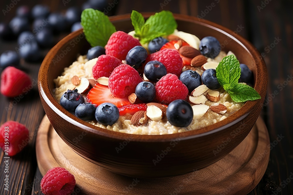 Close-up of oatmeal with berries and nuts, garnished with mint on a rustic table Close-up of oatmeal with berries and nuts, garnished with mint on a rustic table