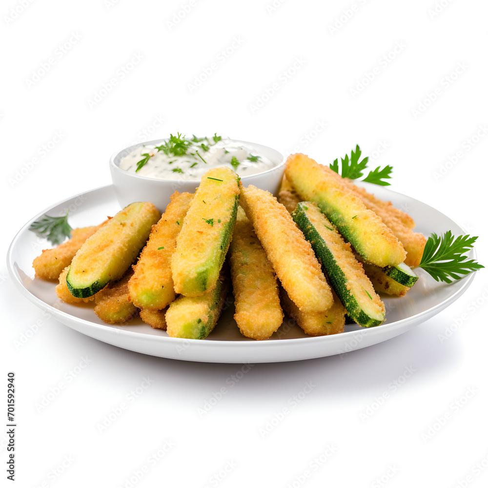 Fried Zucchini sticks with dipping sauce isolated on a white background Fried Zucchini sticks with dipping sauce isolated on a white background