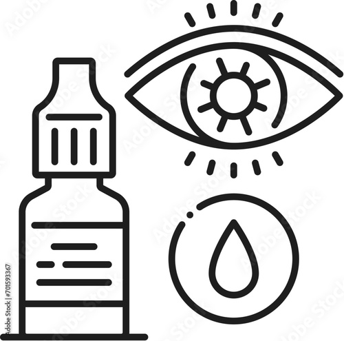 Eye drops line icon of pharmacy medicine and medical treatment, outline vector. Eye drops bottle for ophthalmology and vision healthcare, artificial teardrops or contact lens lubricant of eye drops