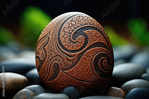  Intricately carved stone egg with natural patterns on black pebbles photo