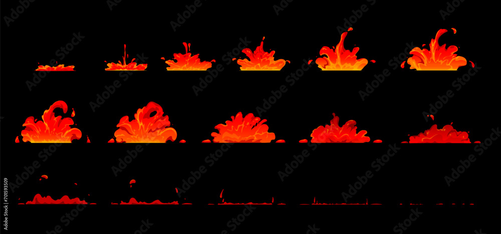 Fire lava animation, game sprite effect sheet, volcano magma. Volcanic eruption lava splash animation sequence frames, cartoon hot magma explosion burst or flow stages vector loop - obrazy, fototapety, plakaty 