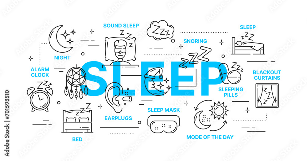 Sleeping infographics of healthy sleep and bedtime with vector outline icons. Sleeping and body rest thin line tips for earplugs, sleep mask or blackout curtains and alarm clock, snoring and snoozing