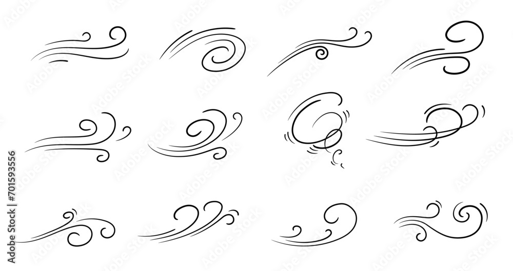 Doodle air wind motions, windy storm blows and hurricane flow waves and curls, vector icons. Wind cartoon effects in doodle line art, autumn wind blowing in speed motion, windy spiral clouds of breeze Doodle air wind motions, windy storm blows and hurricane flow waves and curls, vector icons. Wind cartoon effects in doodle line art, autumn wind blowing in speed motion, windy spiral clouds of breeze