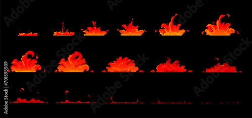 Fire lava animation, game sprite effect sheet, volcano magma. Volcanic eruption lava splash animation sequence frames, cartoon hot magma explosion burst or flow stages vector loop