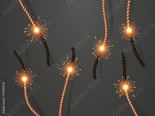 Bomb burning wicks, dynamite fuses. Explosion detonation timer, fireworks and firecracker isolated burning cord, bomb or dynamite 3d realistic vector flaming and sparkling fuses photo