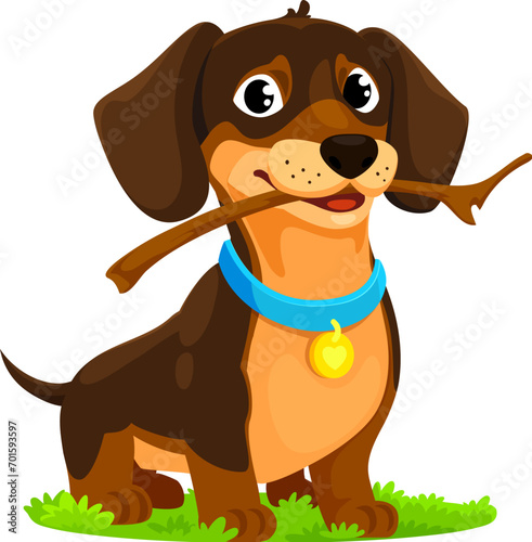 Cartoon dachshund dog puppy character. Vector charming pet with floppy ears and a wagging tail, sitting on grass with wooden stick in teeth, radiating playful energy and a lovable adorable nature