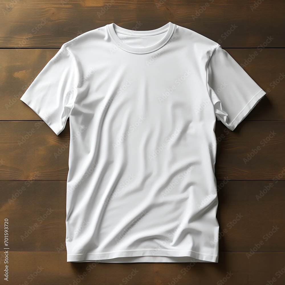 Top view of color T-Shirt on wooden table Top view of color T-Shirt on wooden table