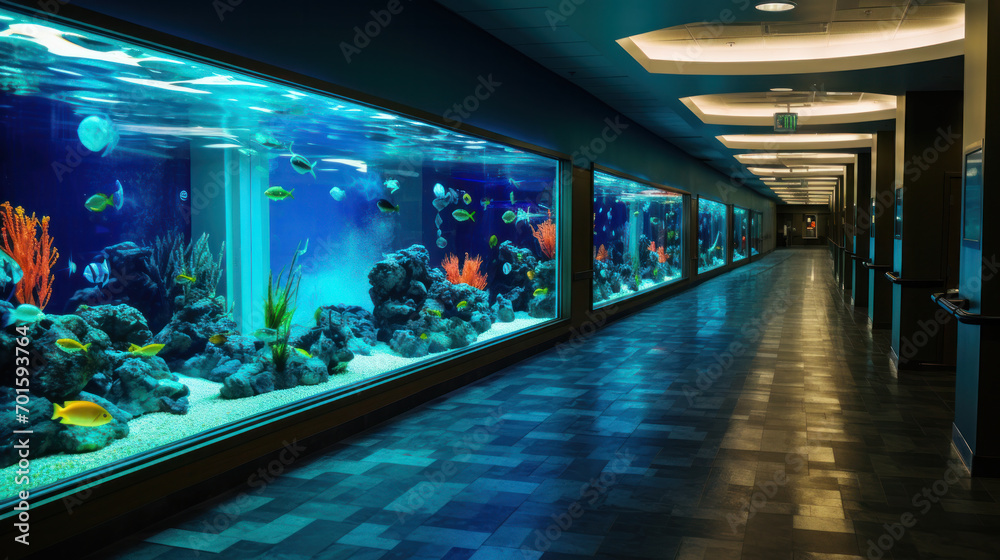 Interior of Sea Life Aquarium. Big fish tank wall